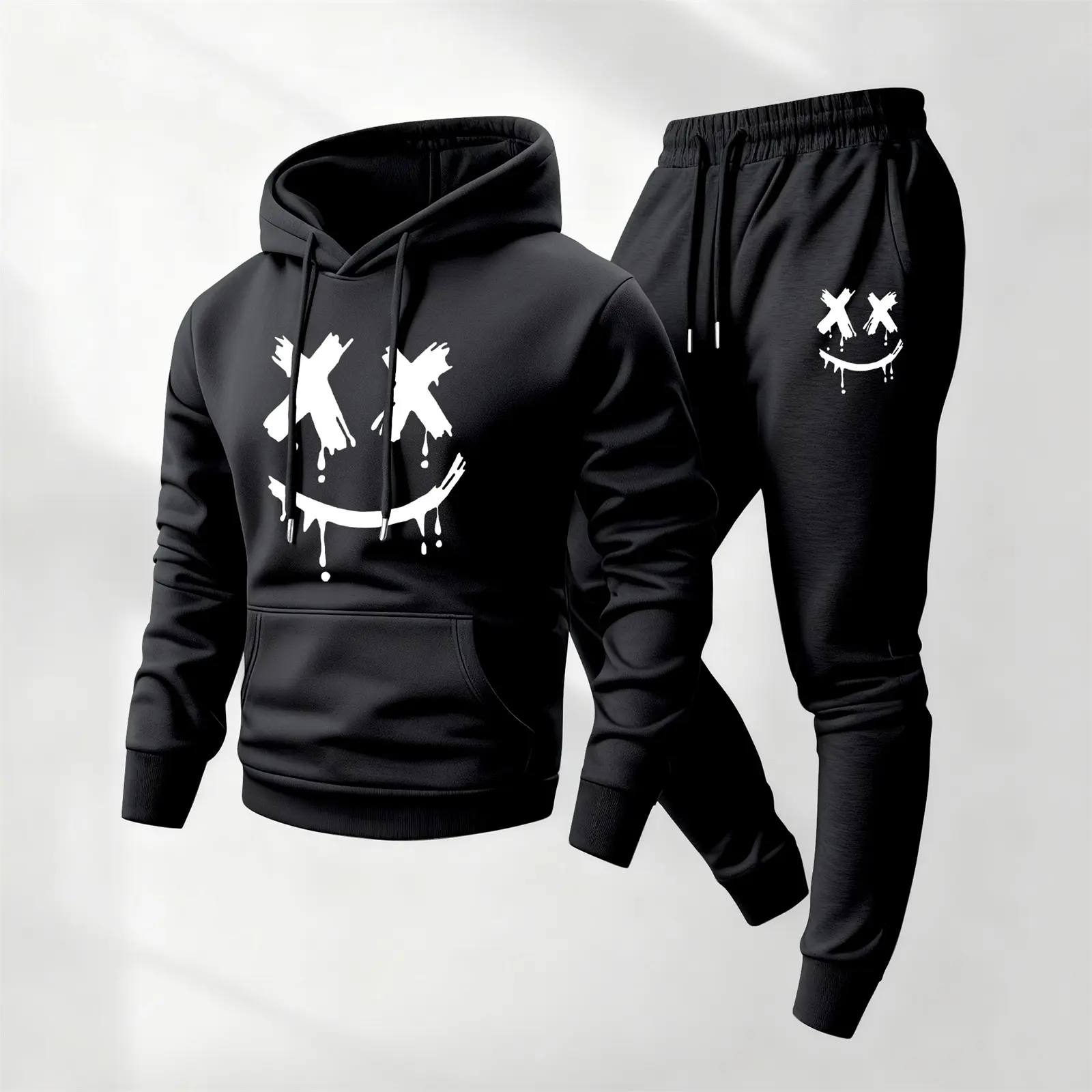 Men's Minimalist 2-Piece Soft Polyester Smiling Face Printed Long-Sleeve Hoodie/Jumper & Drawstring Sweatpants Set, Loose-Fitting Casual Athletic Tracksuit for Fall Winter Daily Wear, Machine Washable, Mensfashion, 1 Set