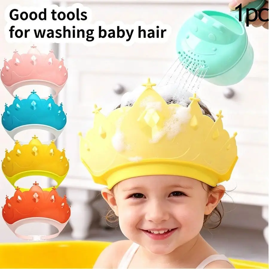 1pc Kids Hair Washing Waterproof Cap, Crown Design Adjustable Baby Bath Hat, Ear Protection Anti-Water Infant Shampoo Tool Shower Caps