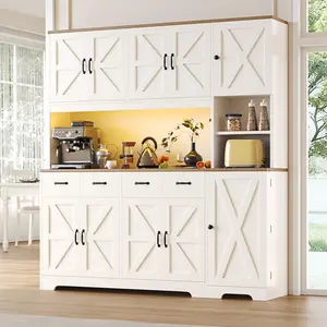 FUSOU 71" Tall HomeStorage Kitchen Pantry with LED Lights & Charging Station, Farmhouse Storage Cabinet with 4 Drawers & 6 Cabinets, Modern Kitchen Hutch for Dining Room with Adjustable Shelves, White