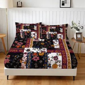 Floral Patchwork Fitted Sheet Set, 3-Piece Bedding Set (1 Fitted Sheet + 2 Pillowcases, No Pillow Inserts), Deep Pocket Soft & Breathable Fabric, Ideal for Teens' & Adults' Bedroom Decor, Perfect as a Holiday Gift