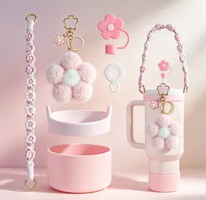 Stylish Silicone Straw & Cover Tumbler Accessories Set for 30oz-40oz Tumblers - Cute Plush Flower Pendant, Woven Daisy Chain, Cup Decor