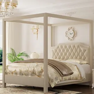 Beige Queen Size Canopy Bed Frame with Nailhead Decoration Headboard，Upholstered Bed Frame with Poles 4 Corner Bed Bracket,Solid Wood Slats Support,No Box Spring Needed,Noise Free