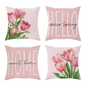 4pcs, Spring Floral Tulip Throw Pillow Covers, Pink Green Cosy Decorative, Home Spring Décor Products, Suitable Living Room, Bedroom, Sofa and Bed Decoration, 2D Flat, Single Sided Printing, No Pillow Core