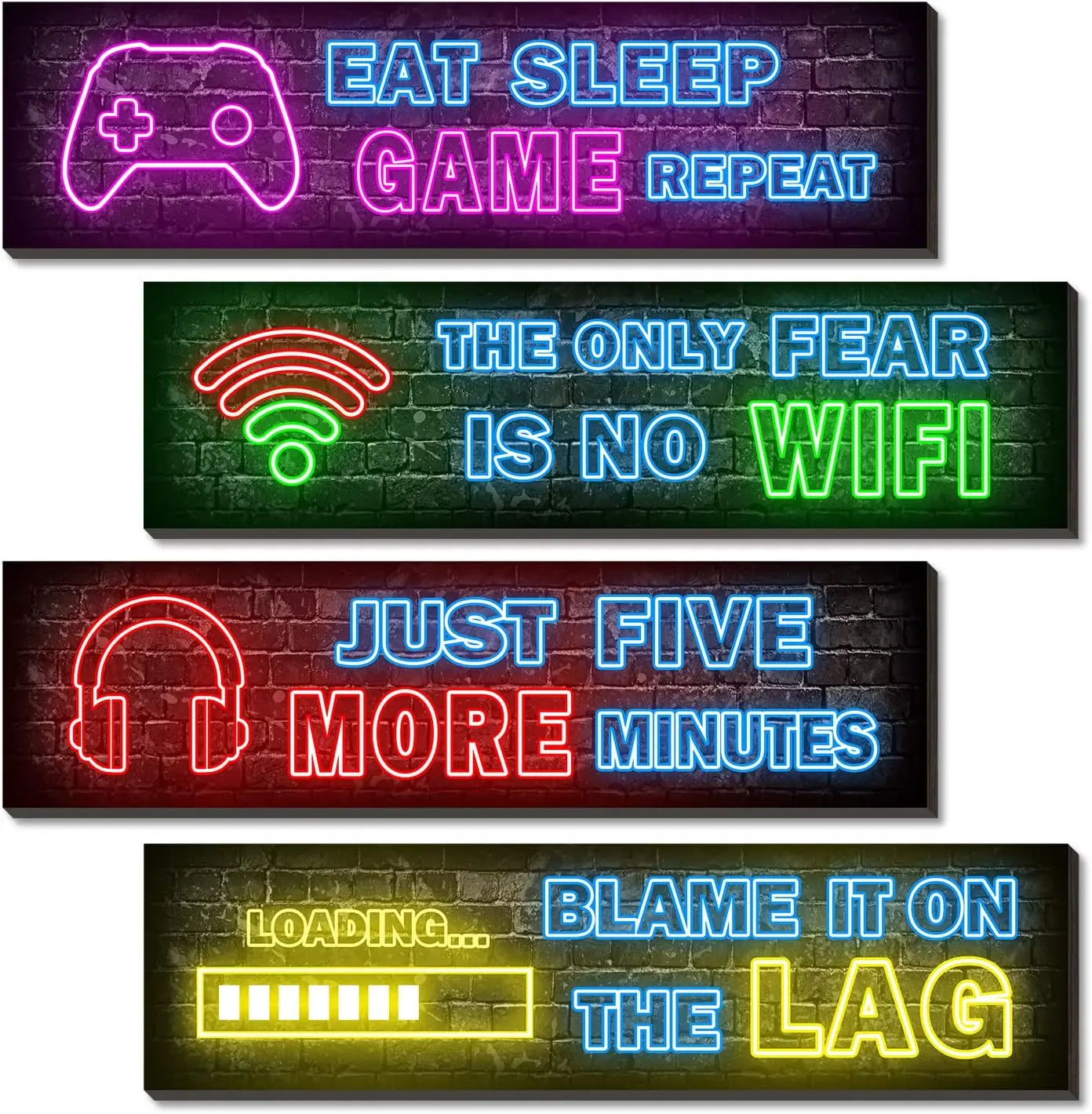 Qesonoo 4 Pcs Printed Neon Gaming Posters, Teen Boys Room Decorations, gamer wall art Decor for bedroom Wooden