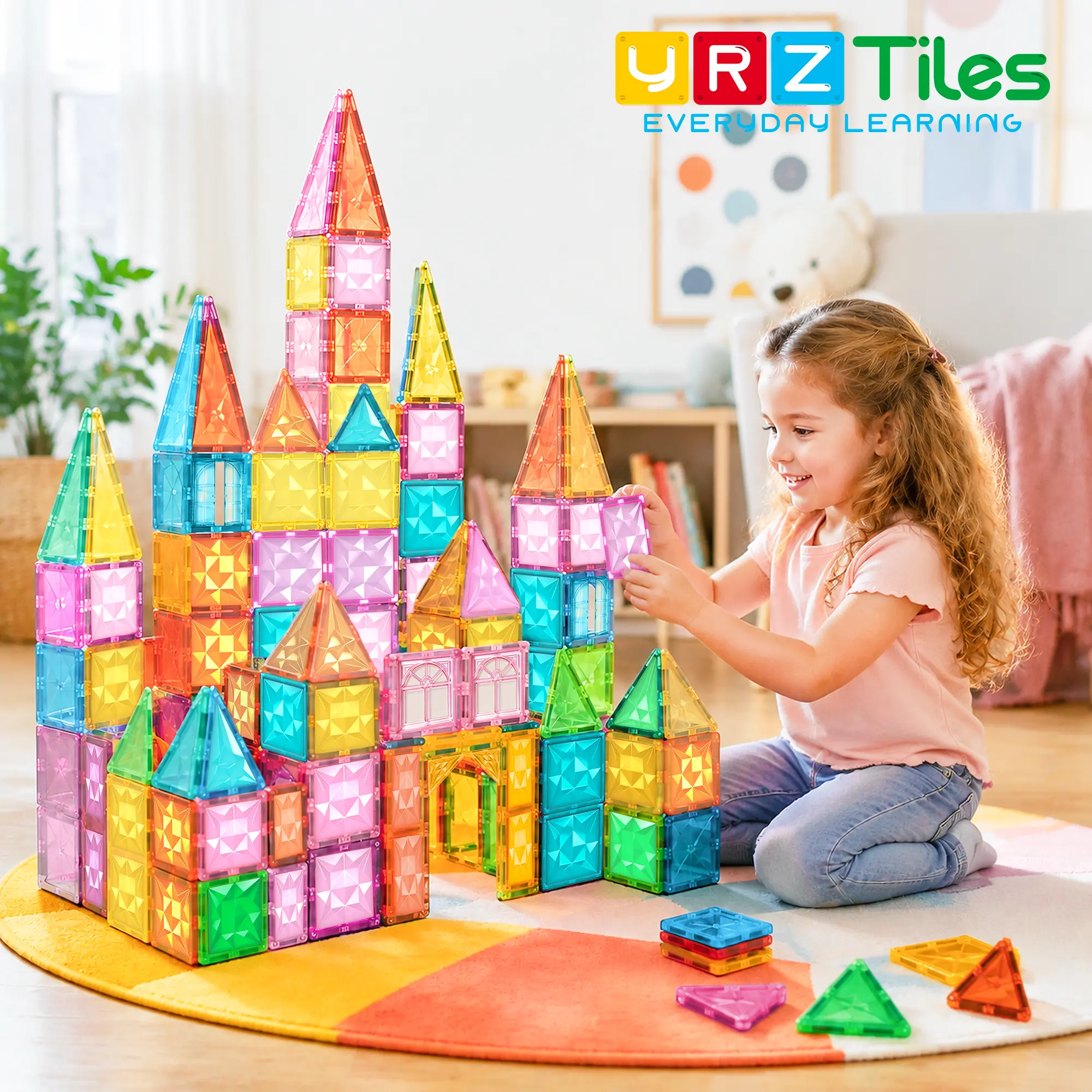 YRZTILES Kids' Magnetic Building Cubes Set,60PCS STEM Early Education Tiles, Creative Construction Blocks, Preschool Cognitive Learning Interactive Playset for 3-6 Year Olds