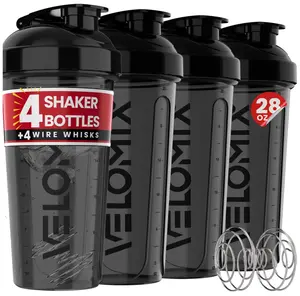 -4 PACK- 28 oz Protein Shaker Bottle for Protein Mixes - 4x Wire Whisk | Leak Proof Shaker Cups for Protein Shakes | Protein Shaker Bottle Pack | Protein Shake Cup(All in Black)