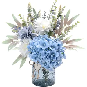 Fake Flowers with Vase, Hydrangea Artificial Flowers in Vase Faux Flowers Arrangement Suitable for Home Kitchen Living Room Fall Spring Decor Office Decoration, Centerpiece Table Decorations