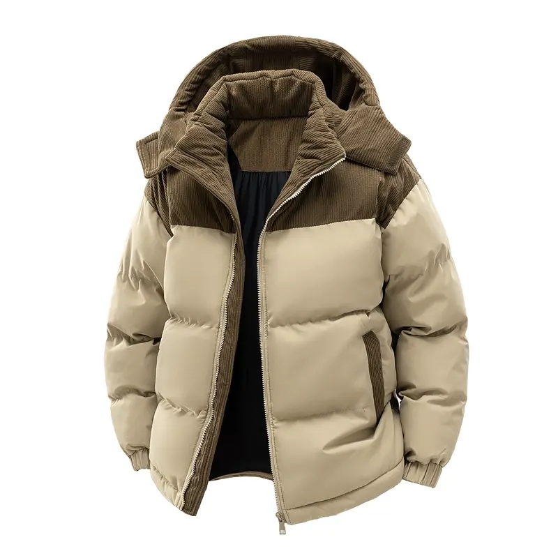 Winter Hooded Casual Fleece-Lined Men's Coat with Removable Hood Warm Color-Blocked Cotton Jacket for Couples Windproof & Machine Washable Outerwear Top Menswear Stylish