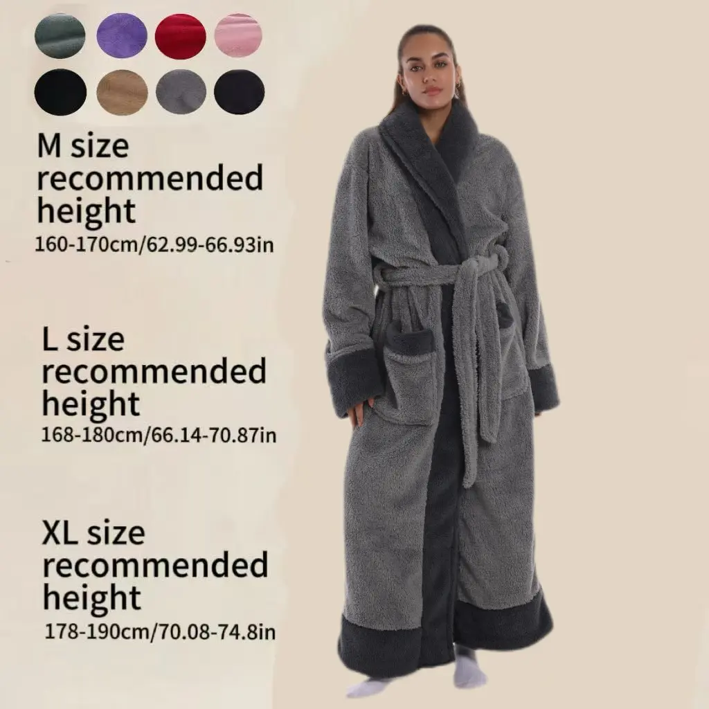 Couple Winter Coral Fleece Bathrobe, Aesthetic Long Tibetan Neck Contrast Color, Long Sleeve, Warm Home Wear, Loungewear, Waist Belt + Pockets, Unisex, Multiple Sizes, Baggy, Oversized
