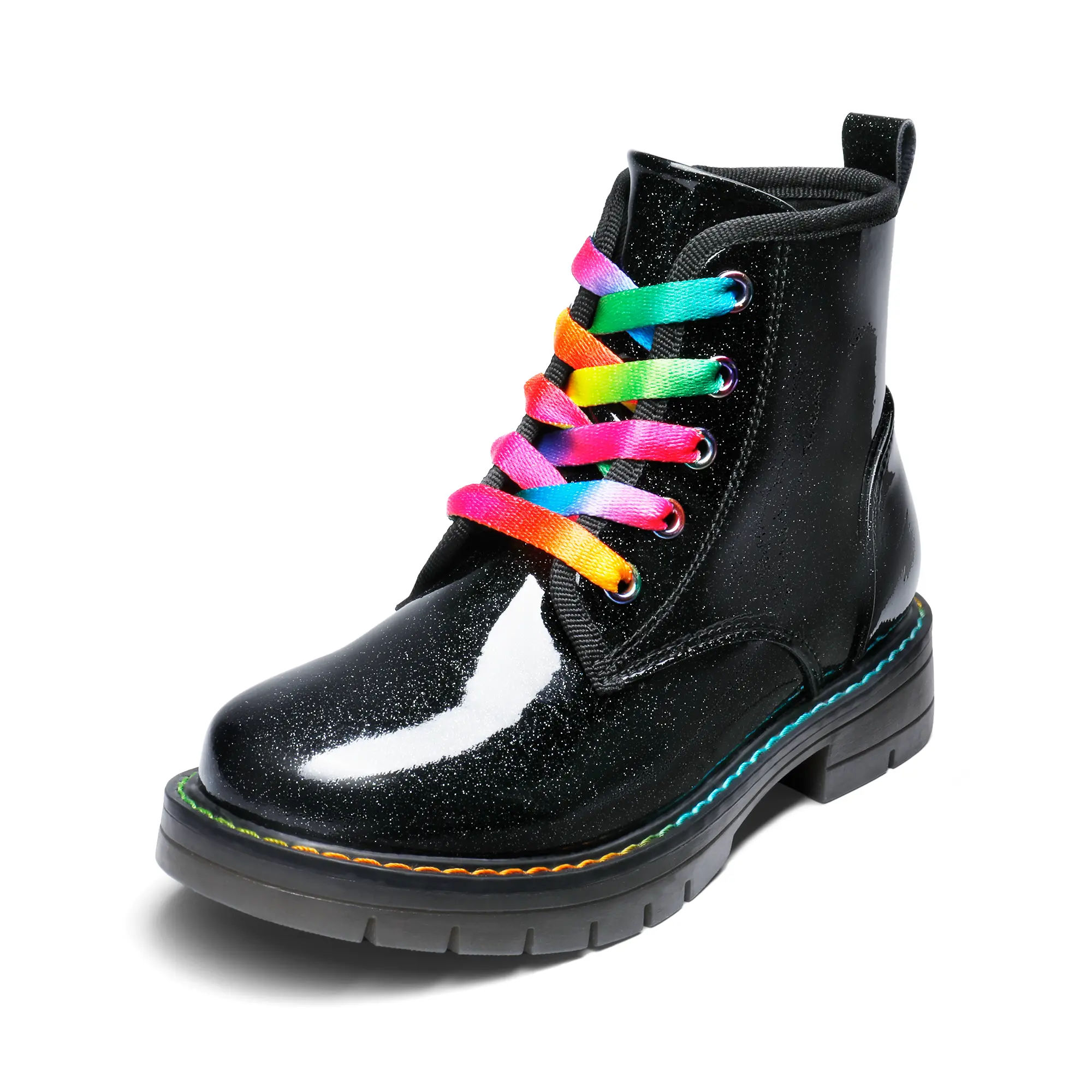 Dream Pairs Girls' Glitter Combat Ankle Boots with Velvet Laces, Side Zipper, and Low Heels, Shimmer and Shine, Ankle Height