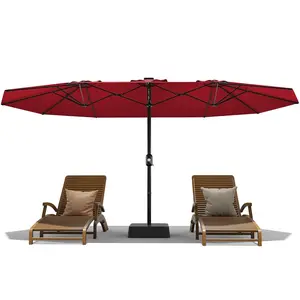 Outdoor Double-Sided Rectangle Market Umbrella 15FT Large Double-Topped Patio Umbrellas With Base for Poolside Lawn Backyard Red