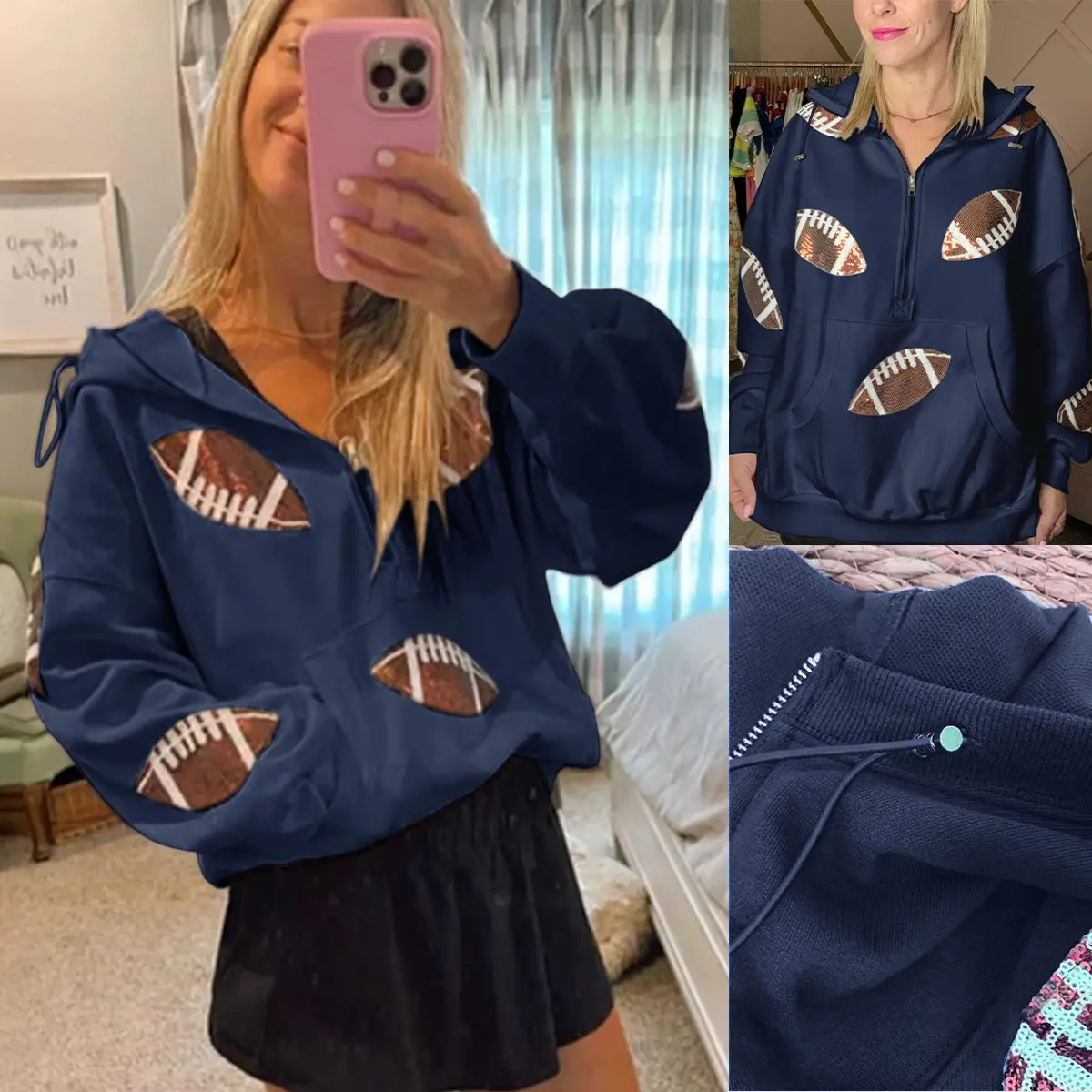 Women's Long-Sleeves Regular Cotton Blend Hoodie - Elastic Basic, Sequin Rugby Patch, Half-Zip Fleece, Fits Most, Fional Jolin Tops Sweatshirt
