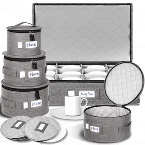 Storage Containers for 12 Place Setting with Two Plate Bags, 5 count Hard Shell Quilted  Storage Cases for Dinner Plates, Salad Plates, Dessert Plates, Saucers, Cups & Mug Storage