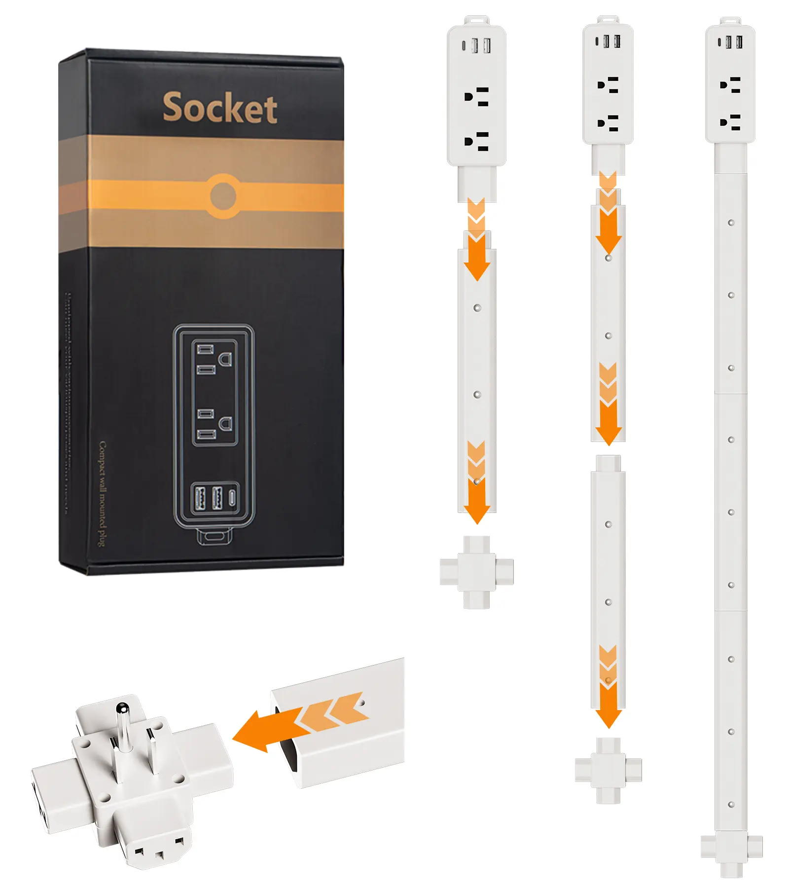 Outlet Extender Stick - Features 2 USB-A, USB-C and 2 AC Outlets, Adjustable Disassembly Extends 6"-35", 360° Access Hard-to-Reach Outlets, Wall Plug Power Socket Expander Nightstands, Sofa, Desks