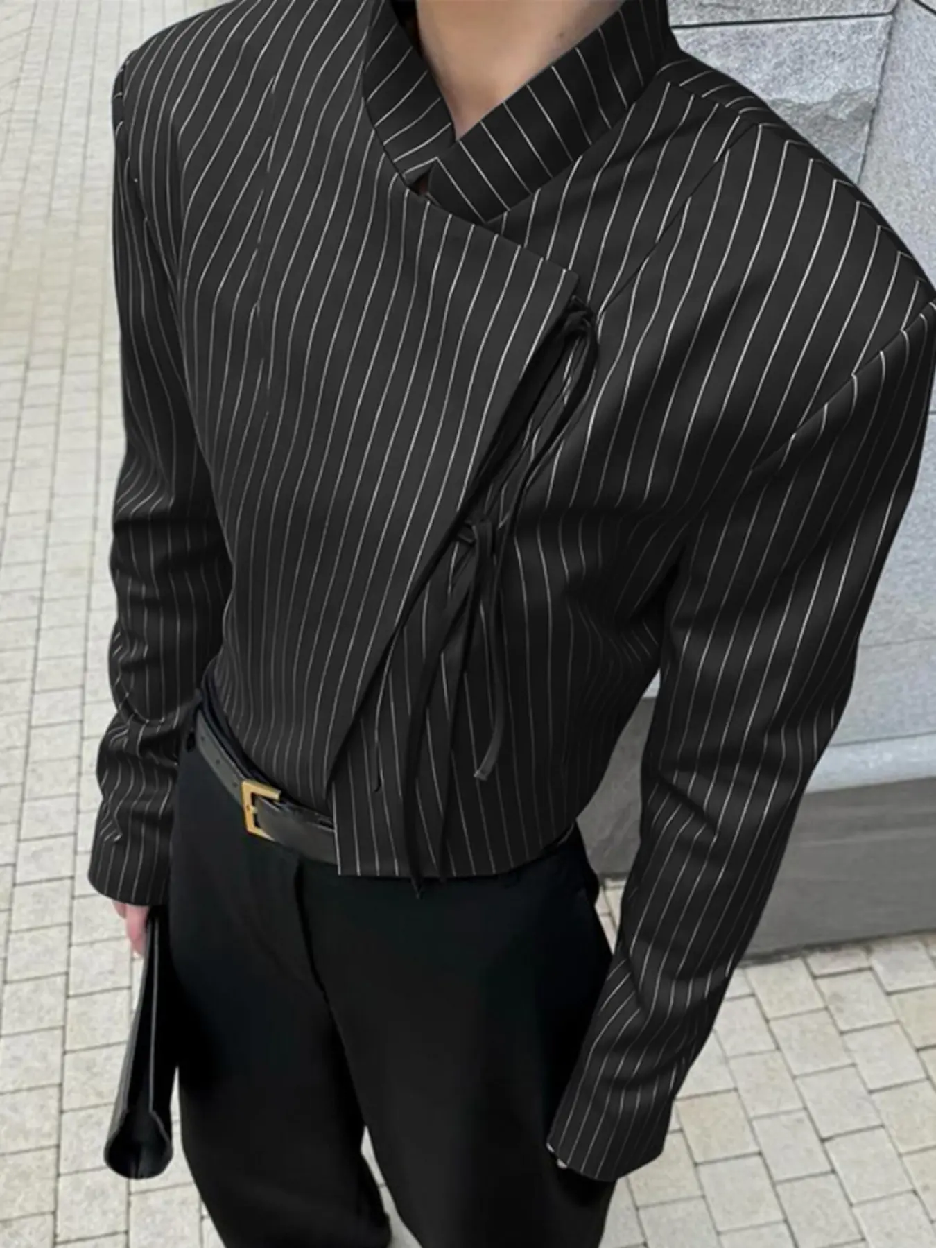 ICNERUN Men's Fashion Casual Striped Belted Long Sleeve Blazer Jacket, Spring & Fall Office Wear, Stylish Business Attire