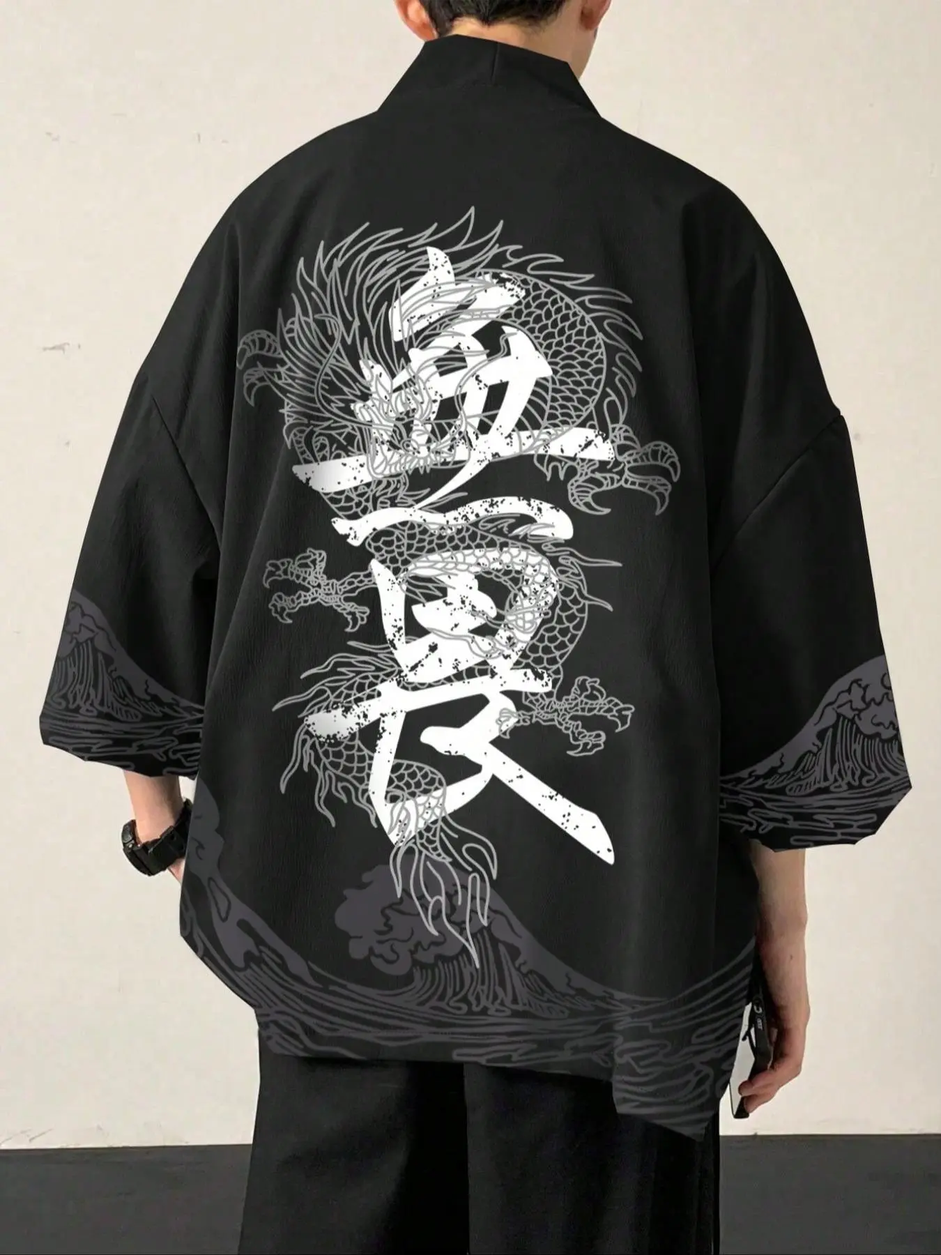 Men's Dragon & Chinese Character Print Drop Shoulder Kimono Traditional Clothing, Regular Fit Casual Three Quarter Length Sleeve Open Front Outerwear for Daily Wear, Men's Clothes for All Seasons Menswear