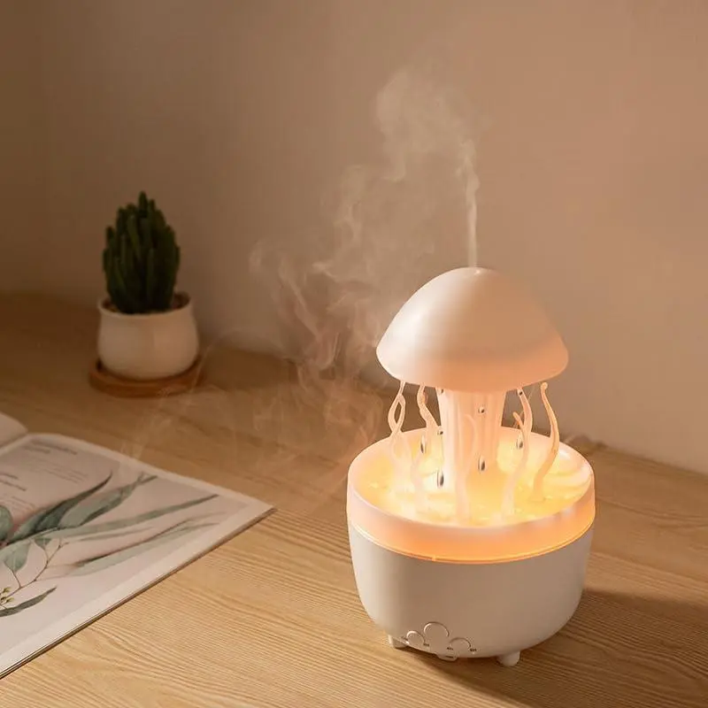 Home Rotating Raindrop Aroma Diffuser - Cool Mist Humidifiers with Quiet Mode, Light-Up Colored Night Light, Desktop Mushroom Form Design, Aquatic Plant Accent, Remote Control, Calming Effect for Desk Users