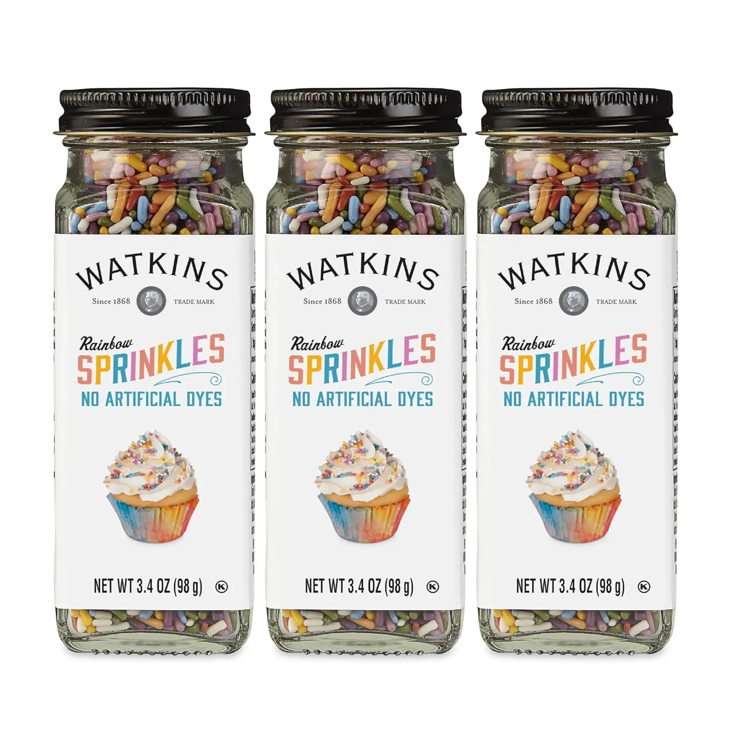 Watkins Rainbow Decorating Sprinkles, 3-Pack 3.4 oz Jars, No Artificial Dyes, Natural Sprinkles, Vibrant Multi-Color Caketoppers for Baking & Celebrations, Kid-Approved Baking Decorations