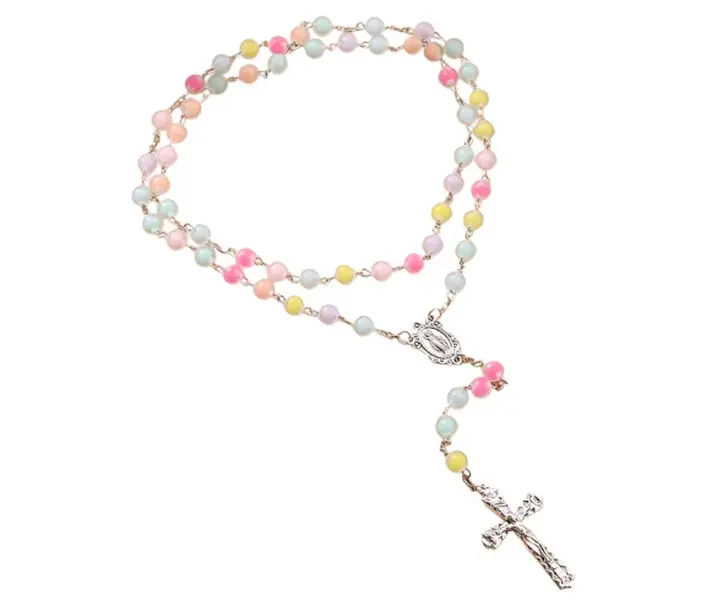 Unisex Long Beaded Catholic Rosary Necklace, 31-Inch Candy-Texture Beads, Colorful Cross Pendant, Fashion Religious Jewelry for Baptism Gifts (Ideal for Virgin Mary & Jesus), Beaded Necklace