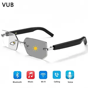 Smart Glasses Rimless Smartglasses with Bluetooth Speaker,Remote Control Photo Taking/UV Protection Voice Control (Photochromic Lenses)