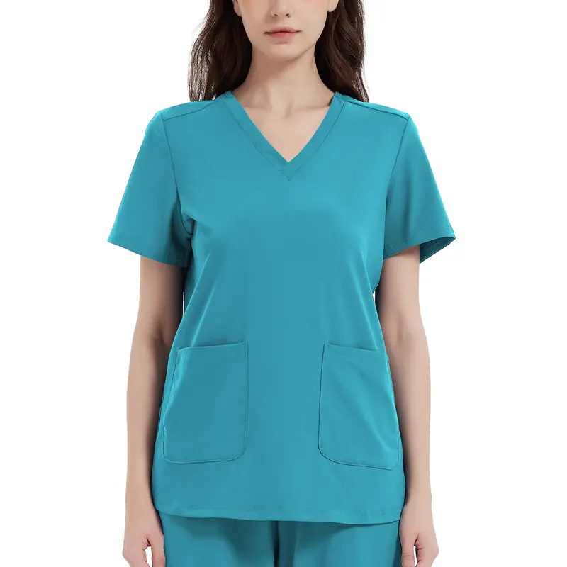 QBK Stretchy Scrub Tops Nurse Uniform Tops for Women with Pockets Soft Nursing Clothes Breathable Workwear Vneck Womenswear Fitted Basic Minimalist