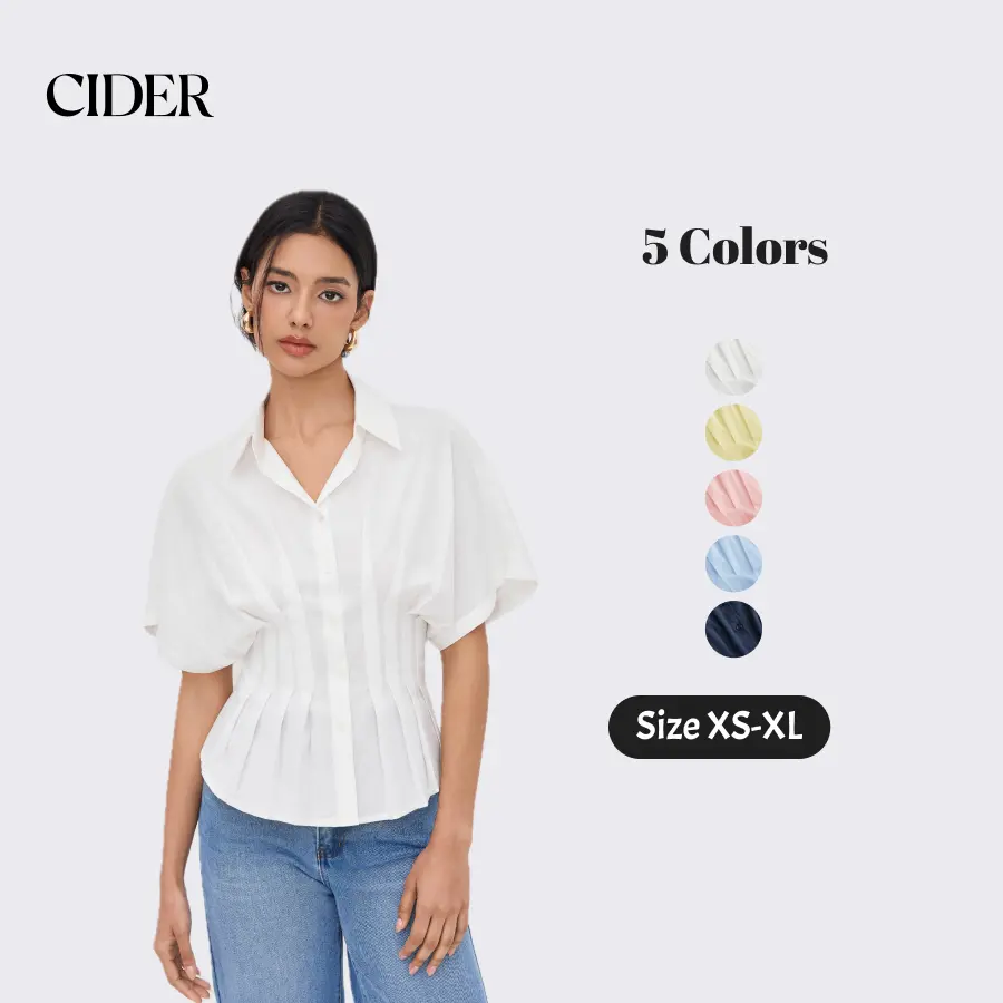 Cider Women's Cider Linen-Blend Blouse - Cute Shirts, Collar V-Neck, Pleated Short-Sleeve Casual Clothes Top Womenswear SummerFinds