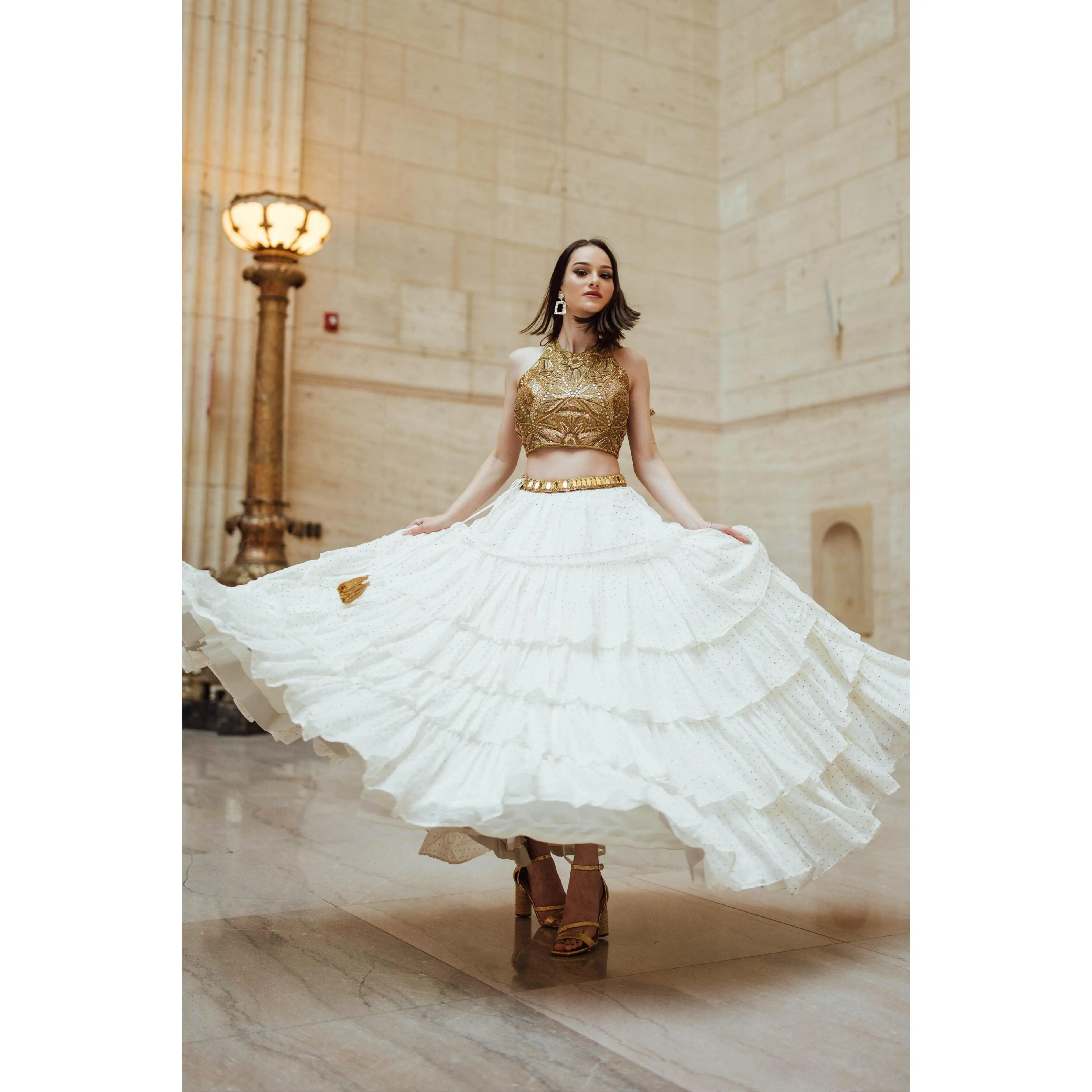 Zaida Gold and White Tiered Lehenga Set