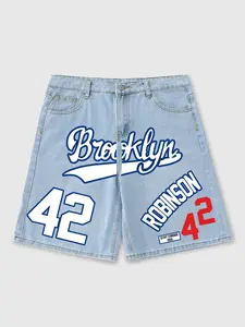 Men's Denim Shorts, Brooklyn Basketball Print, Casual Fitted Pants, Summer Essential, Streetwear, Skateboarding, Daily Wear