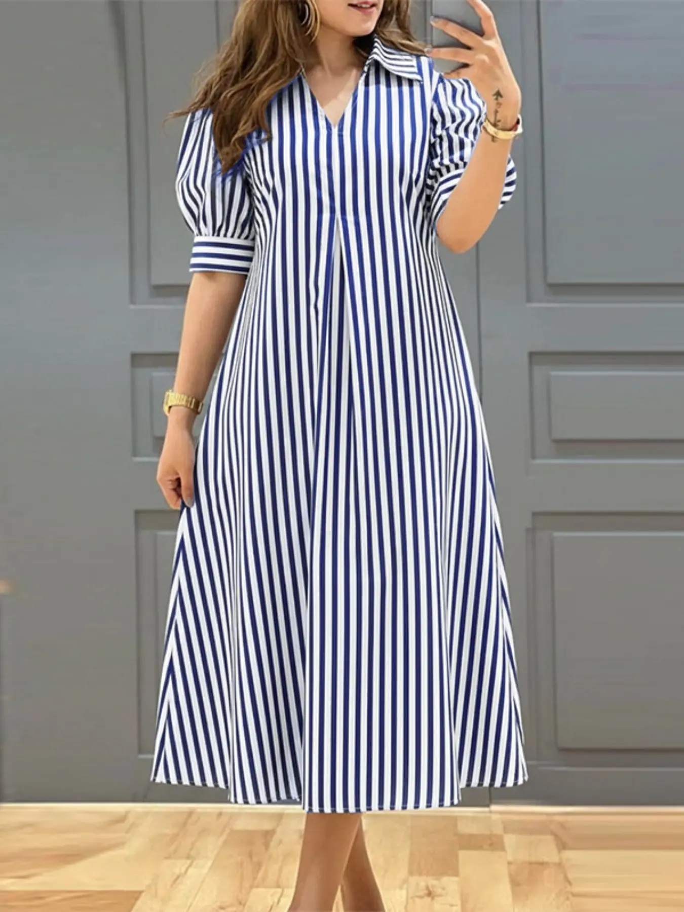 ZANZEA Women's Casual Dress, Boho Shirt Dress, Bohemian Style Sundresses, Womenswear, Notched Neckline, Bubble Sleeves, Pleated Stripes, Striped, Floral Print, V-Neck Design, Perfect for Daily Wear