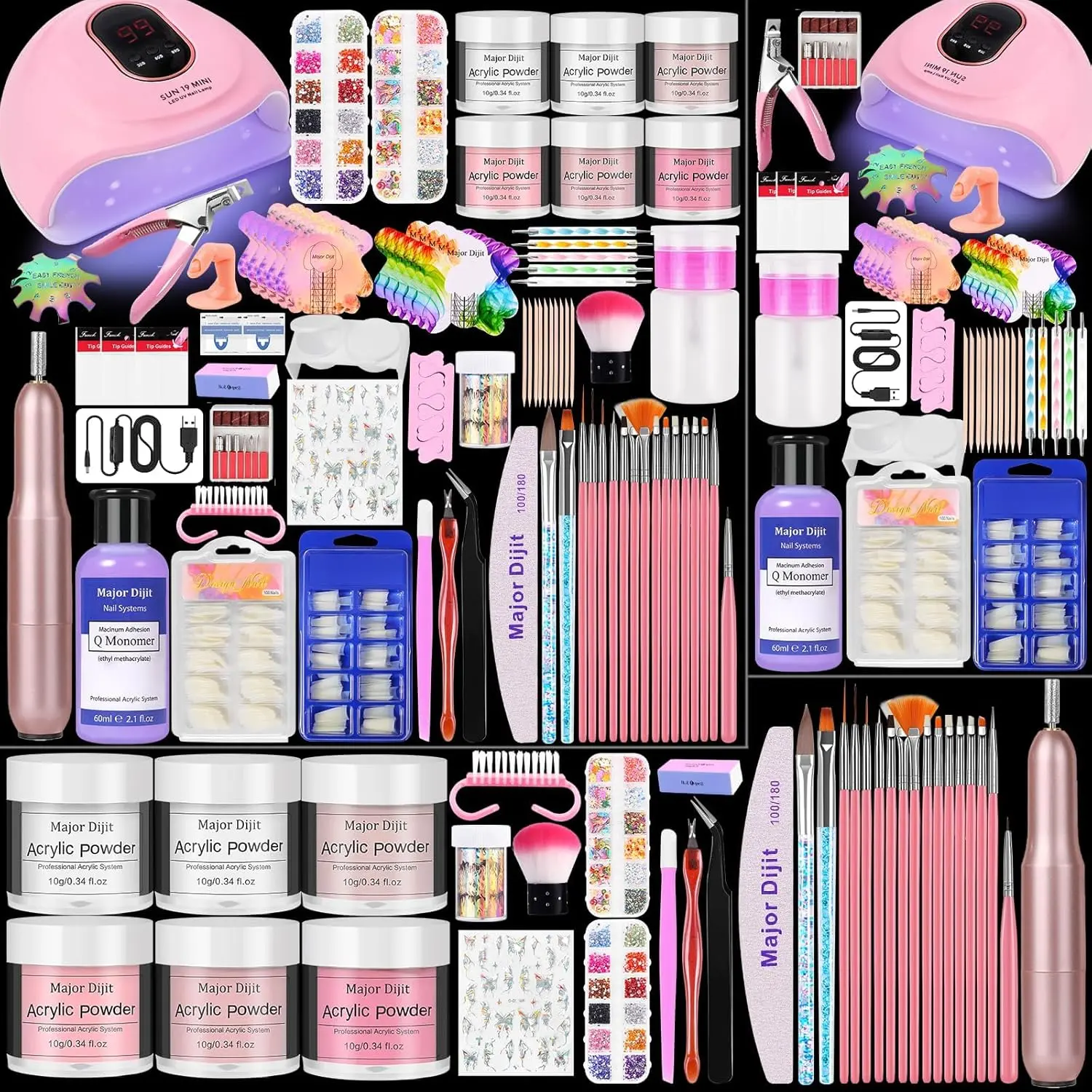 Acrylic Nail Kit with liquid Monomer,6 colors Glitter Acrylic powder UV Lamp for Beginners with Everything Nail Supplies (White), Manicure, Nail Art