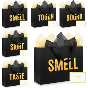 5 Senses  Bags for Him Her,9.8"x6.7"x3.1" Five Senses  Bags With Labels,Ribbon Handle,Tissue Paper,Greeting Card,for Birthday,Wedding (Black small, 9.8 x 6.7 x 3.1 Inch)