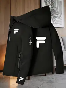 Men's Fashion Jacket with F Logo, Stylish Zip Pocket, Casual Hooded Design, Spring & Fall Wear, Polyester Material, Slim-Fit Outerwear