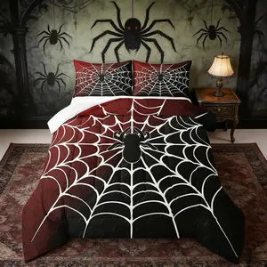 Burgundy and Black Comforter Set,White Spider Web Print Down Comforter,Halloween Spider Bedding Set for Kids Boys Girls Bedroom Decor,Honeycomb Duvet Insert