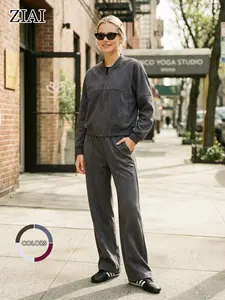 Women's Vintage Suede Zipper Cardigan & Straight Leg Pants Set, Casual Fitted for All Seasons, Elegant Ladies' Clothing