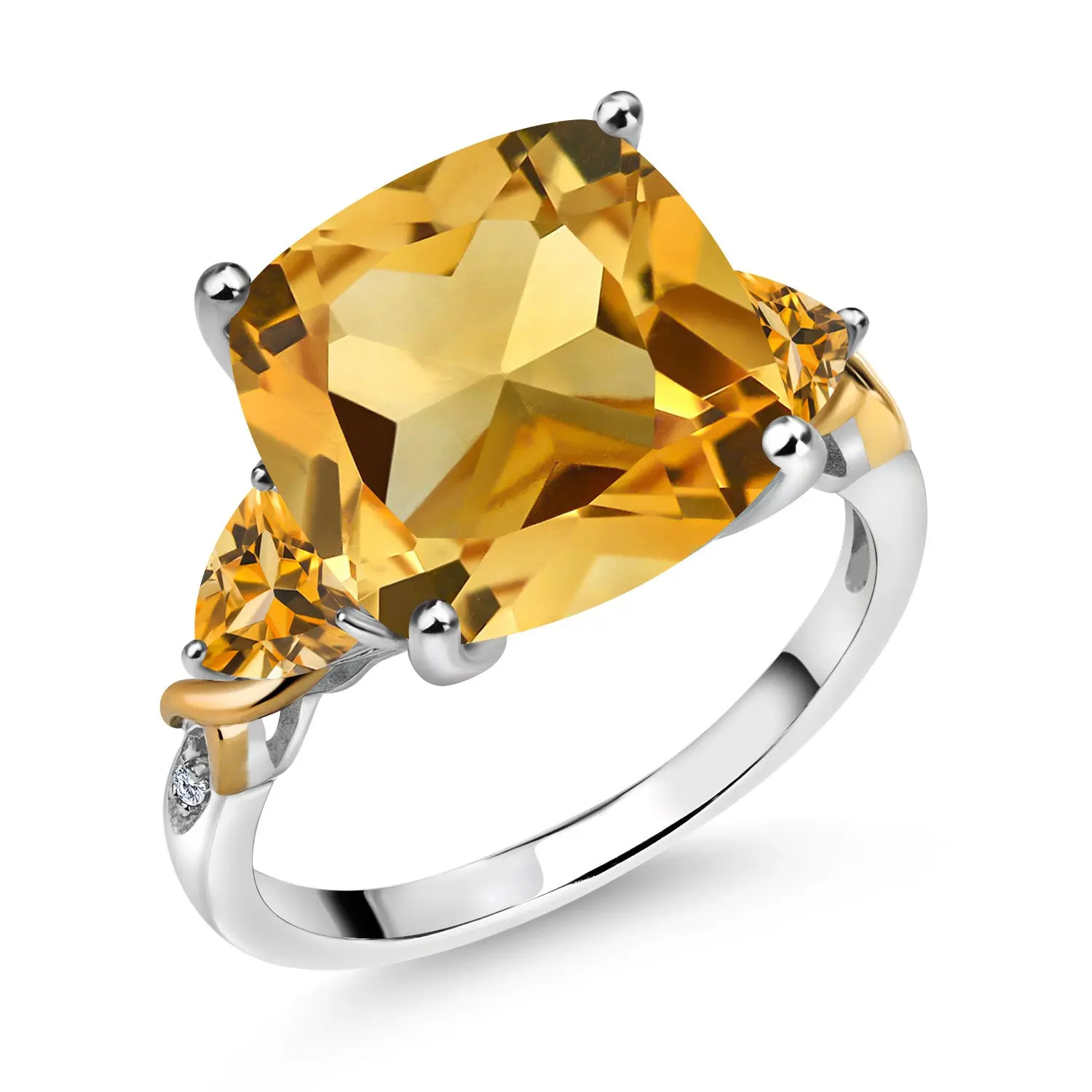 7.33 Cttw Yellow Citrine and Diamond Ring For Women | 925 Silver and 10K Yellow Gold | 12MM Cushion and 5MM Trillion | Wedding Engagement Anniversary Promise Ring For Women