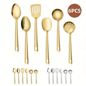 Stainless Steel Kitchenware Set, Hot Pot Soup Spoon & Drain Combo, Golden Color Complete Household Cooking Utensils