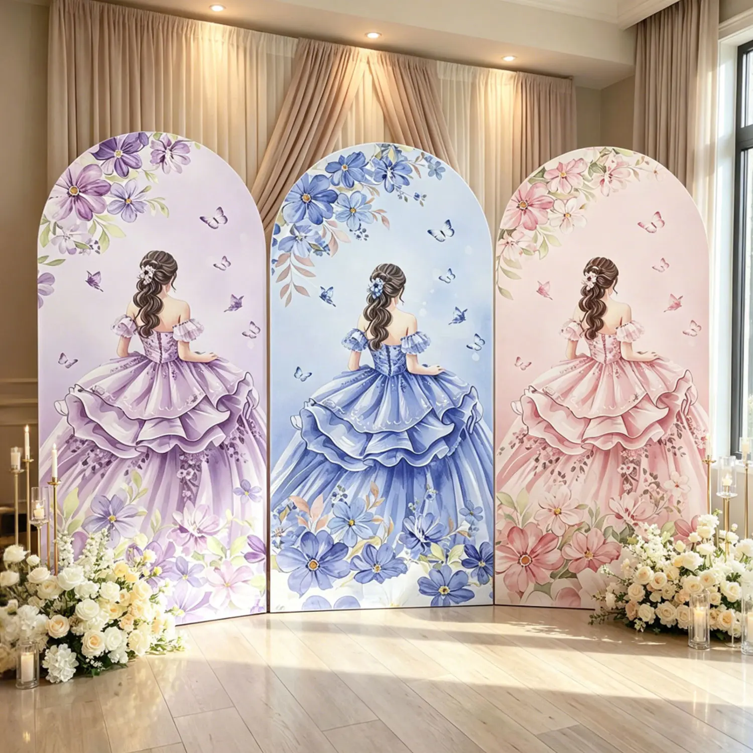 6.56FT Single Spandex Fitted Round Top Chiara Arch Backdrop Cover, Double-Sided Printed Watercolor Floral Butterfly Princess Painting Fabric (Blush Pink, Navy Blue, Lavender Purple) for Girls' Parties, Wedding Decorations, Business
