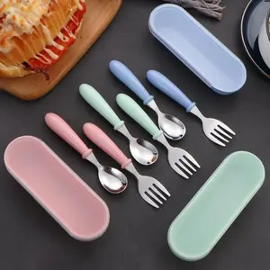 Stainless Steel Tableware Creative Cartoon Cute Little Fork Spoon, Anti Drop Feeding Spoon, Safe Durable Spoon Fork Set, with Fashionable Storage Box