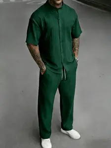 Men's Shirt Long Pants Set, Loose Short Sleeve Button-Up Shirt with Elastic Waist Pants, Minimalist Summer, All-Season Wear