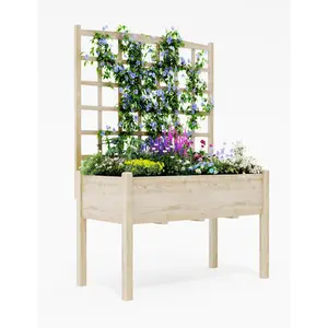 Raised Garden Bed with Trellis, Wood Elevated Planter Box Stand with Leg and Black Planter Liner, Standing Raised Planter Box for Climbing Flower Vegetable Herb