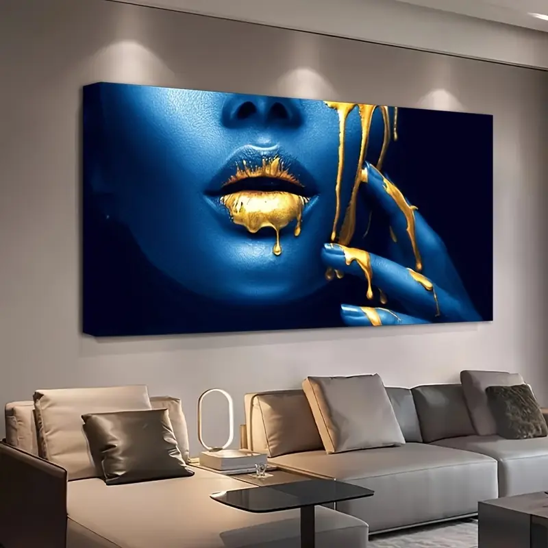 Modern Abstract African Woman Canvas Print - Bold Blue & Golden Wall Art Poster with Solid Pine Wood Frame, Mixed Colors, Modern Home Decoration for Living Room, Bedroom