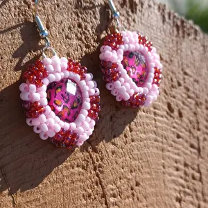 Heart Leopard Print Handmade Seed Bead Earrings