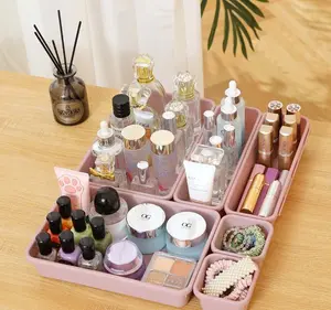 16 Pcs Multi-size Drawer Organizer Trays Plastic Drawer Dividers Storage Bins for Vanity Makeup Kitchen Utensils Desk Office Bathroom Accessories Green Purple