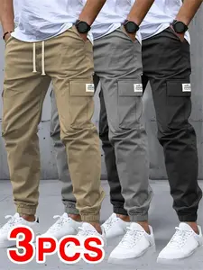 3-pack — Men’s casual solid-color athletic pants — Camouflage casual cargo pants — Multiple flap pockets, drawstring waist, polyester, outdoor work pants, running pants, camouflage casual cargo pants with pockets — 100% polyester, non-stretch solid color,