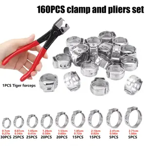 161pcs Stainless Steel Single Ear Hose Clamps Set, Pipe Clamps Kit, 160pcs Adjustable Worm Tube Clips, 9 Sizes (0.7cm-2.71cm), Carbon Steel Clamp Tool