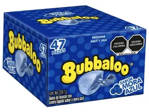 Bubbaloo Mora Azul Chewing Bubble Gum with Liquid Filled Center, Box of 47 Pieces, Mexican Candy, Dulces Mexicanos Sweet Party