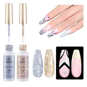 Beetles Gel Polish Nail Art Gel Liner Nail Polish Set, 2 Pcs Silver & Golden Pink Holo Reflective Glitter Gel Polish, Gel Art Paint for Swirl Shiny Nails Nail Art Brush French Gift