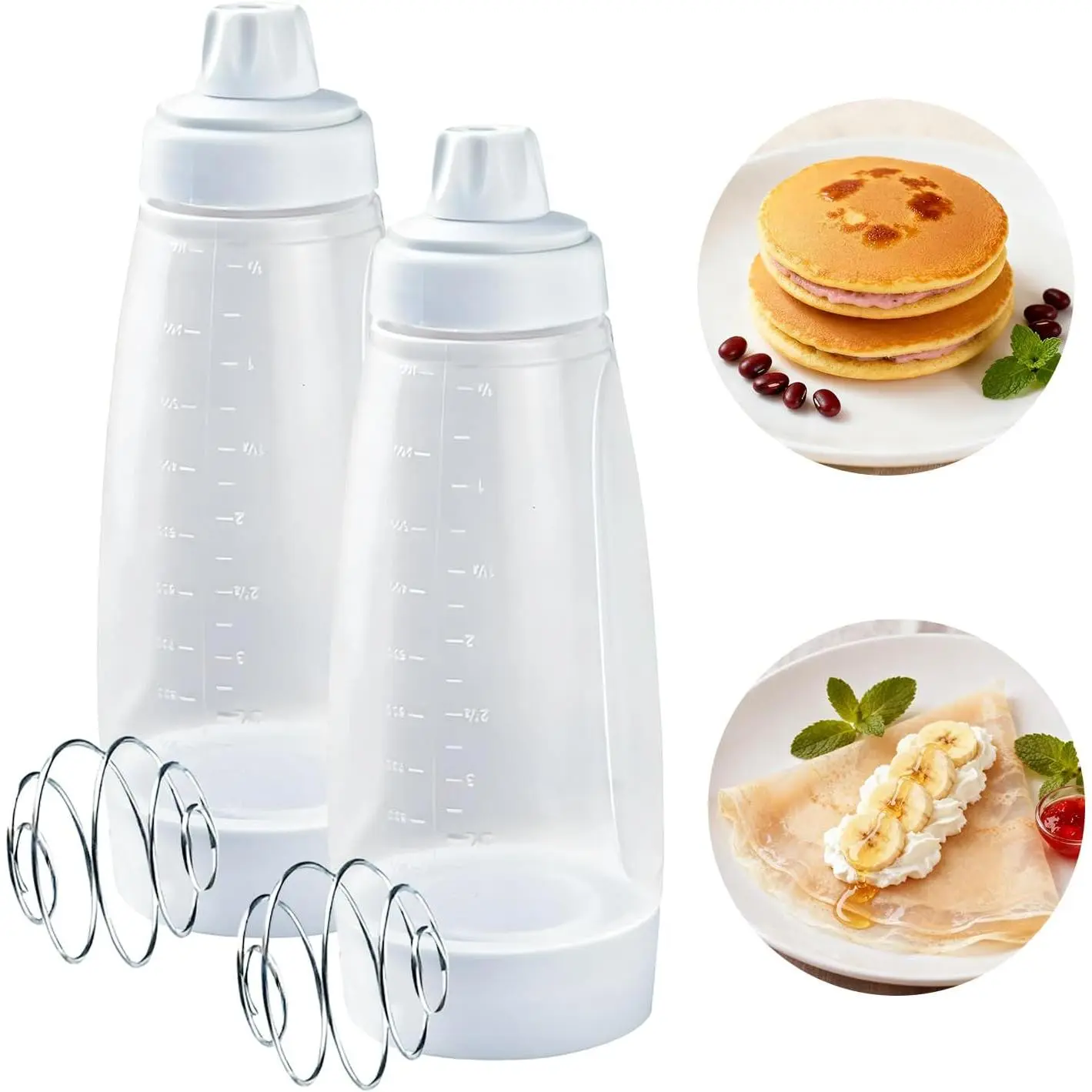 White 2-Pack Stainless Steel Reusable Pancake Batter Dispenser Bottle with Blender Ball Mixer, Smooth Lump-Free Kitchen Utensil Shaker Tool for Cupcakes, Crepes, Home Cooking