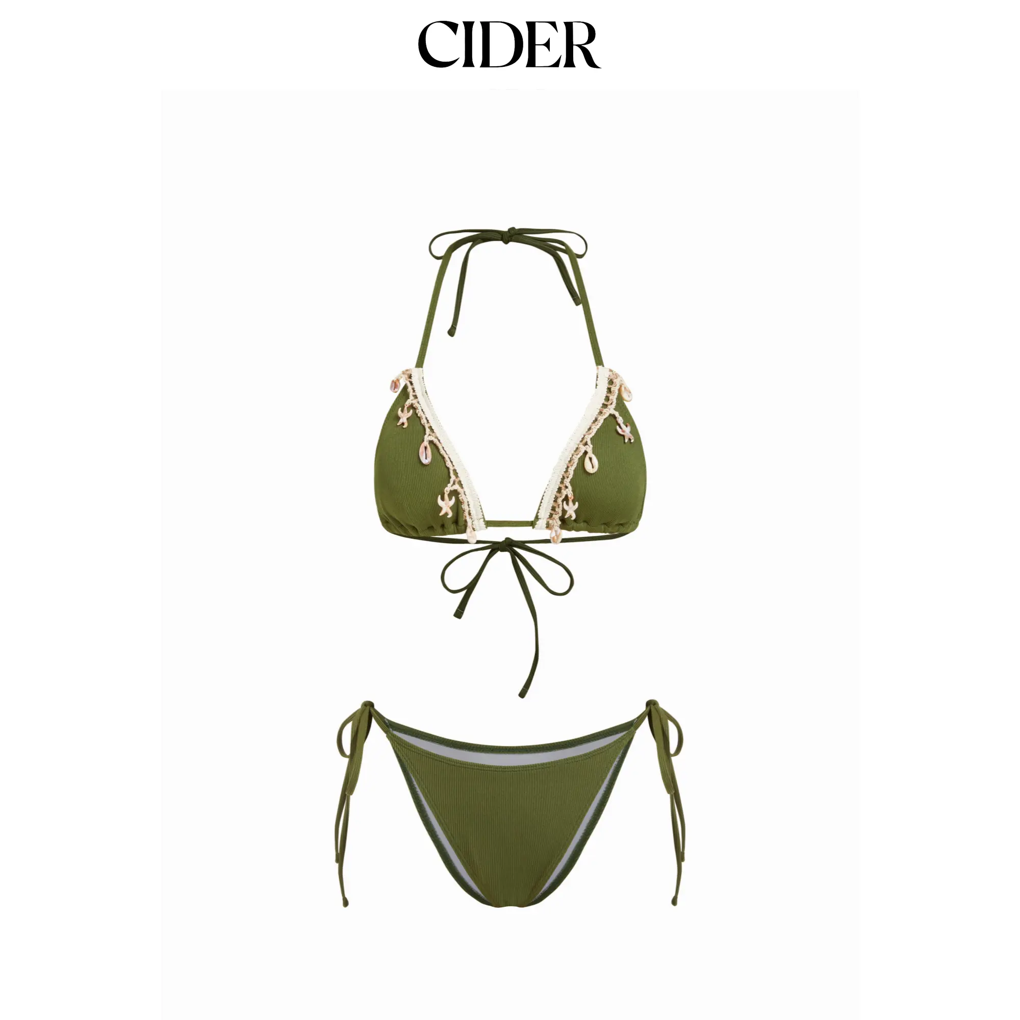 Cider Women's 2-Piece Bikini Set, Halter Neckline, Starfish Shell Accent, Knotted Tie-Side Design