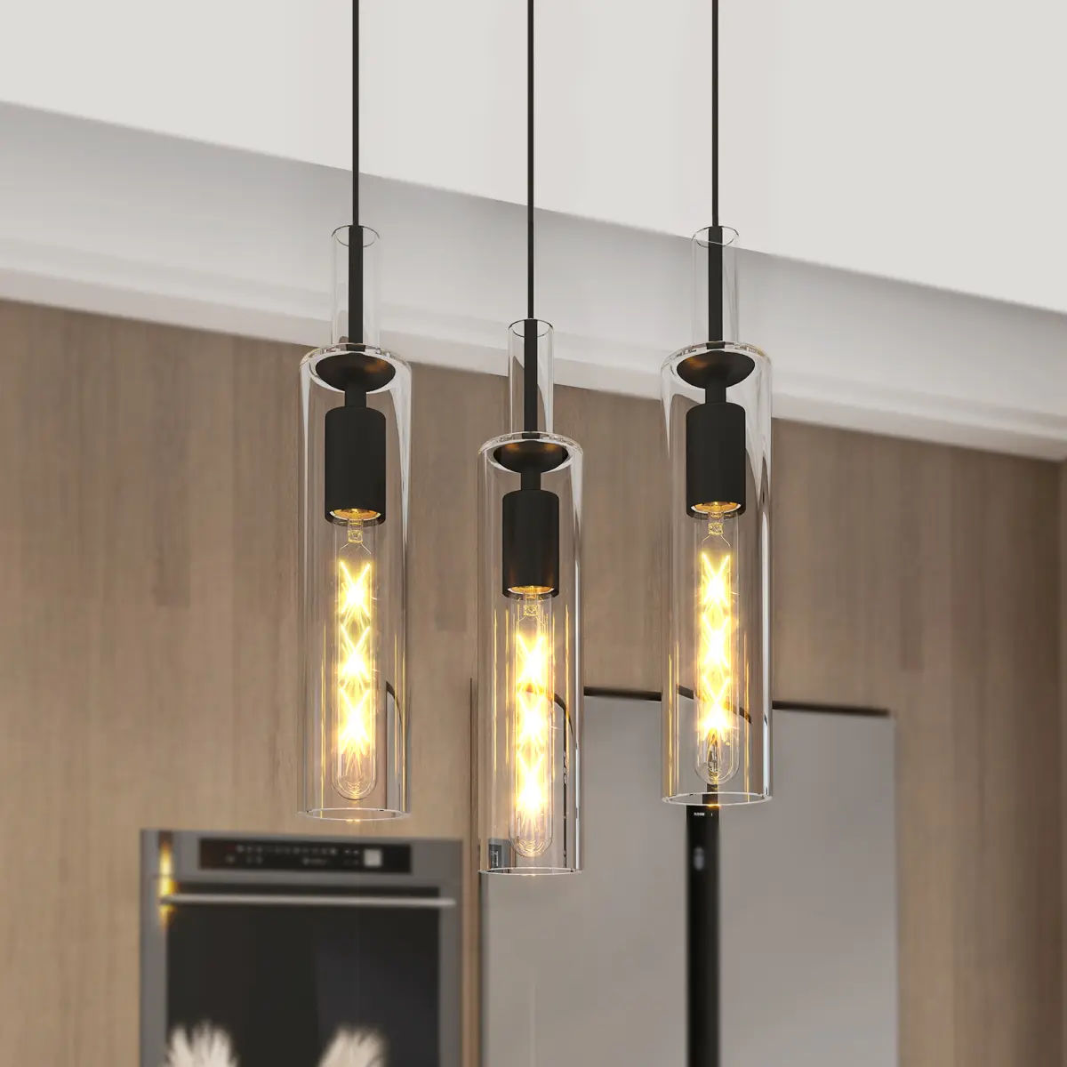 Matte Black Decorative Indoor Ceiling Pendant Lights (3-Pack) - Adjustable 14-68 in Length, Detachable Glass Shades, Rust-Proof Metal Base, E26 Socket, Easy Install, Max 60W Per Bulb for Kitchen, Bedroom, Hallway, Contemporary Ceiling Lighting, Adjustable